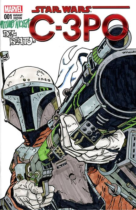 DF MARVEL COMICS STAR WARS COMMISSIONED COVER ART SIGNED AND REMARKED BY MARIANO NICIEZA AND JOE DELBEATO WITH A MANDALORIAN SKETCH ISBN: 725130368270 - FOC DATE: 8/2/26 - Release Date: 9/30/26