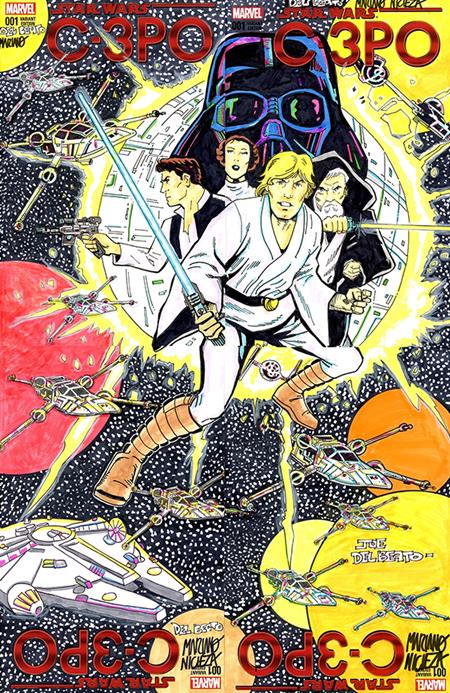 DF MARVEL COMICS COMMISSIONED COVER ART FOUR PIECE BLANK VARIANT CONNECTING SET  SIGNED AND REMARKED BY MARIANO NICIEZA AND JOE DELBEATO WITH A CLASSIC STAR WARS #1 HOMAGE SKETCH ISBN: 725130367242 - FOC DATE: 7/5/26  - Release Date: 8/26/26