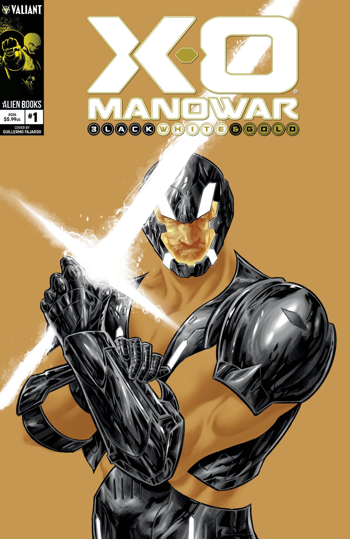 X-O Manowar: Black, White & Gold #1 Cover A (Fajardo) ISBN: 73238819034800111 - FOC DATE: 9/13/26  - Release Date: 10/21/26