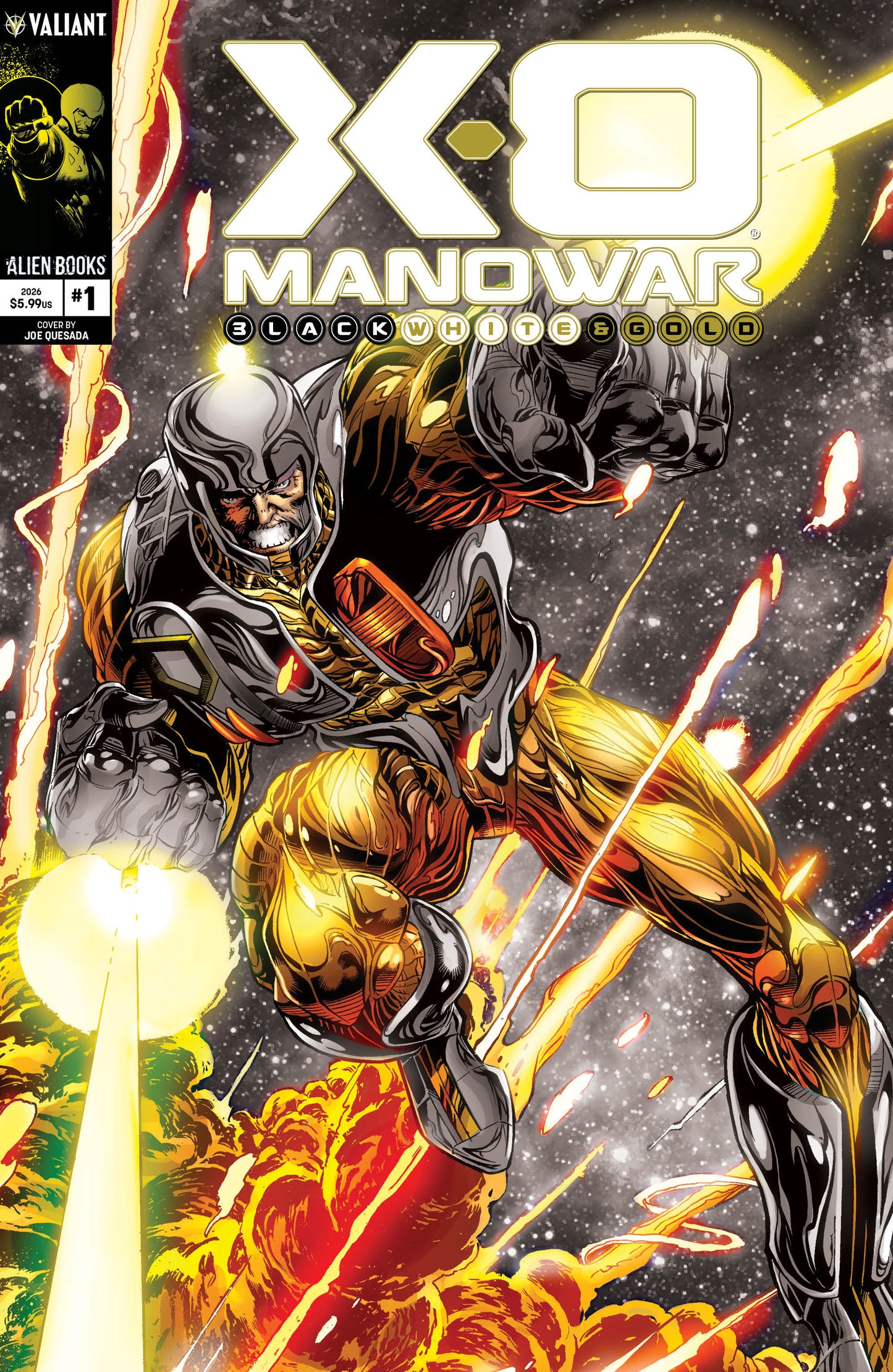 X-O Manowar: Black, White & Gold #1 Variant B (Quesada Black, White & Gold Variant) ISBN: 73238819034800121 - FOC DATE: 9/13/26  - Release Date: 10/21/26