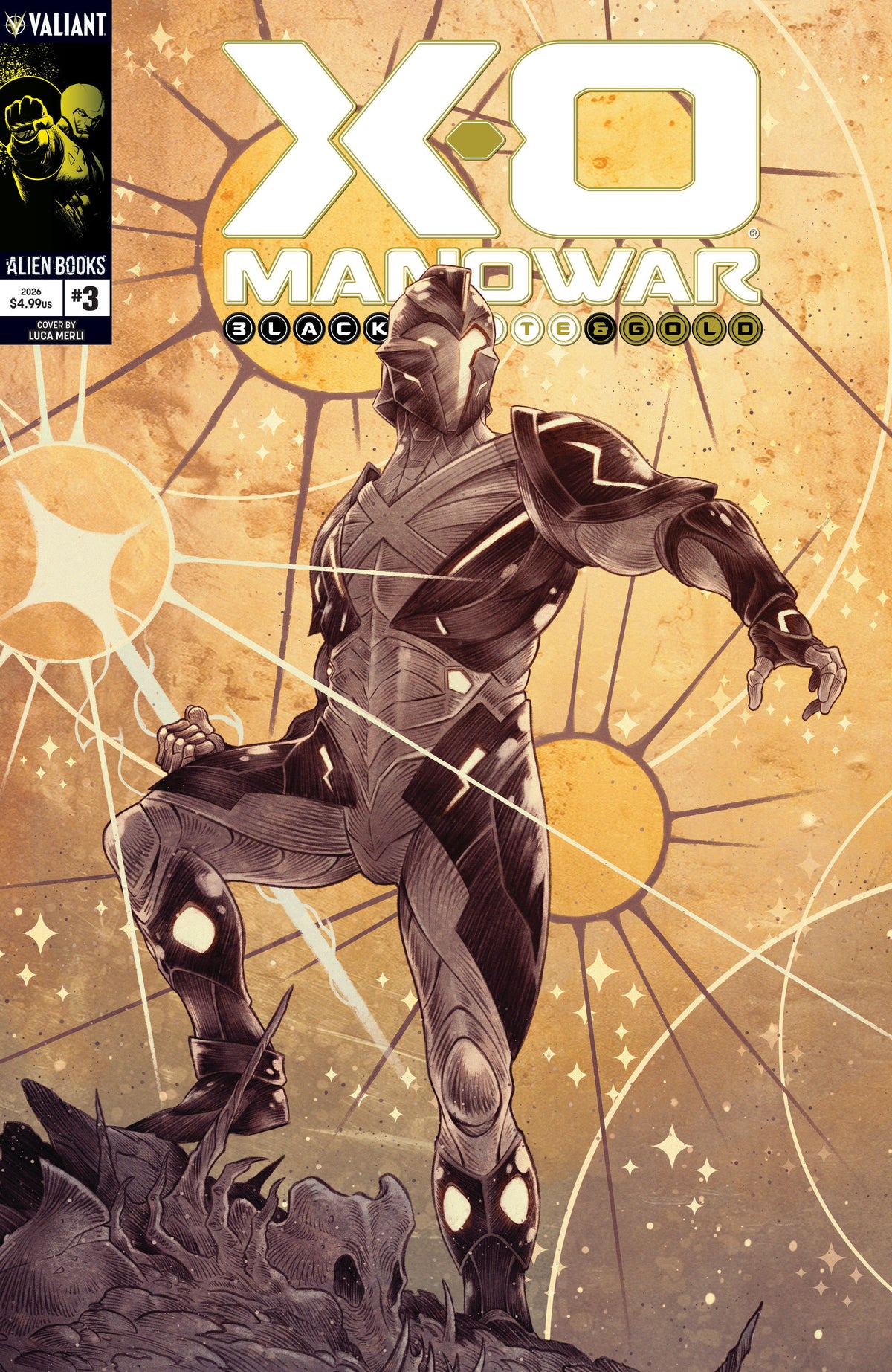 X-O Manowar: Black, White & Gold #3 Cover A (Merli) ISBN: 73238819034800311 - FOC DATE: 11/8/26  - Release Date: 12/23/26