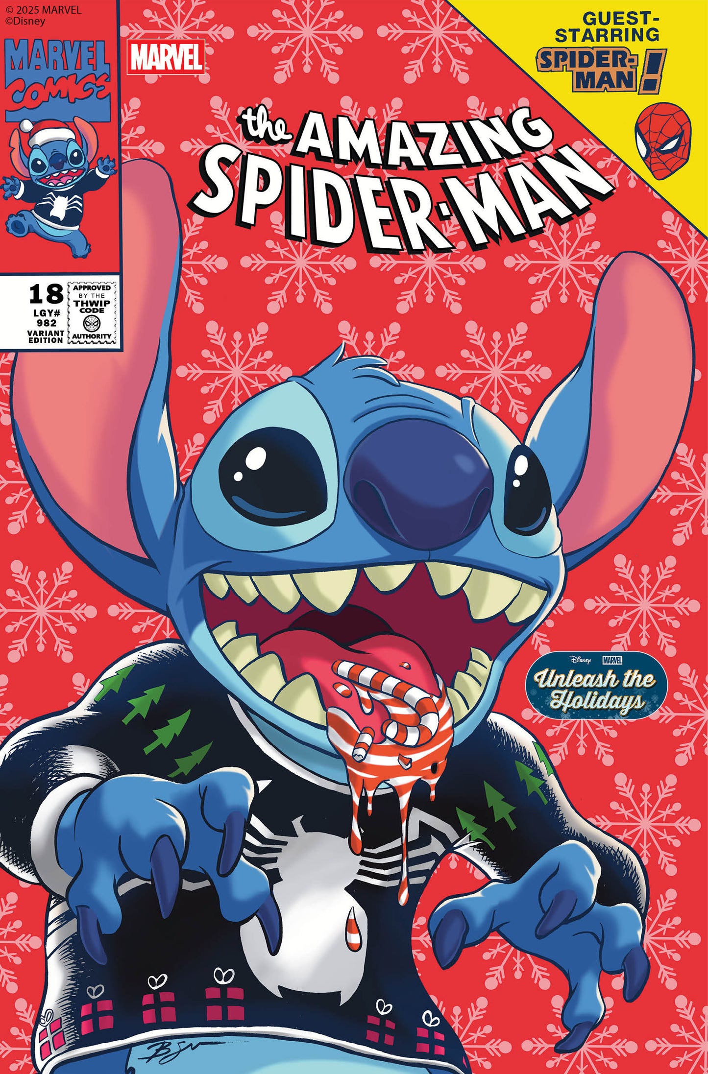 AMAZING SPIDER-MAN #18 BEN SU DISNEY STITCH UNLEASH THE HOLIDAYS VARIANT ISBN: 75960621001501851 - Release Date: 12/24/25