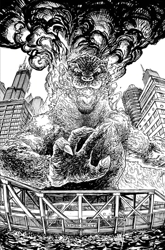 1:25 Godzilla Vs. America: Chicago Variant RI (25) (Browne Full Art B&W)  - Release Date:  2/26/25